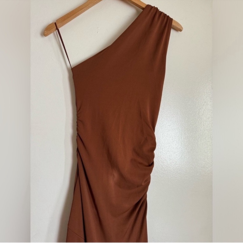 One-Shoulder Brown Maxi Dress with Side Ruching - Picture 7 of 13